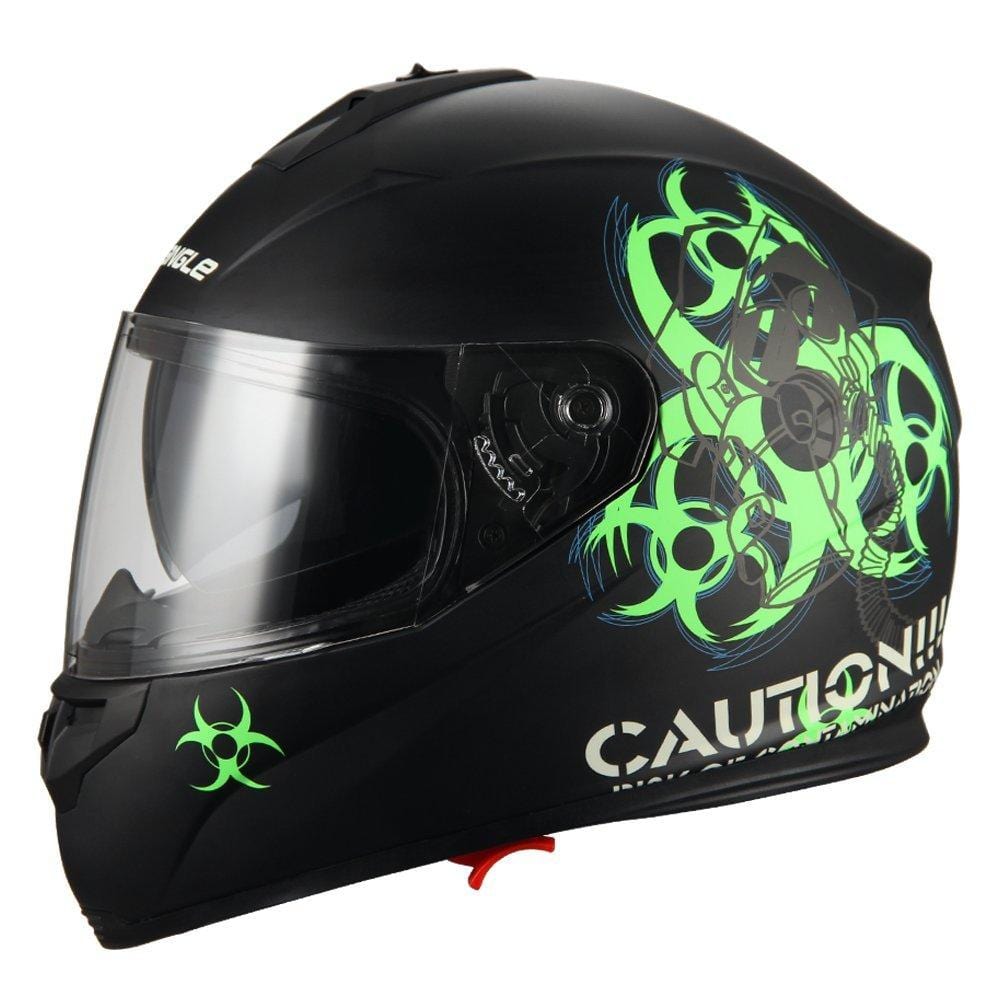 “Biohazard” Full Face Matte Green Dual Visor Street Bike Motorcycle Helmet by Triangle [DOT] (Medium)